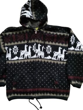 VTG Tejidos Ruminahui Alpaca Wool Full Zip Hooded Jacket Aztec Tribal Pockets